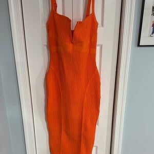 Fashion Nova Orange Ribbed Bodycon Midi Dress